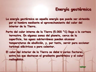 Energía eólica La energía eólica es la energía obtenida de la fuerza del viento, es decir, mediante la utilización de la energía cinética generada por las corrientes de aire. Se obtiene a través de una turbinas eólicas son las que convierten la energía cinética del viento en electricidad por medio de aspas o hélices que hacen girar un eje central conectado, a través de una serie engranajes (la transmisión) a un generador eléctrico . volver 