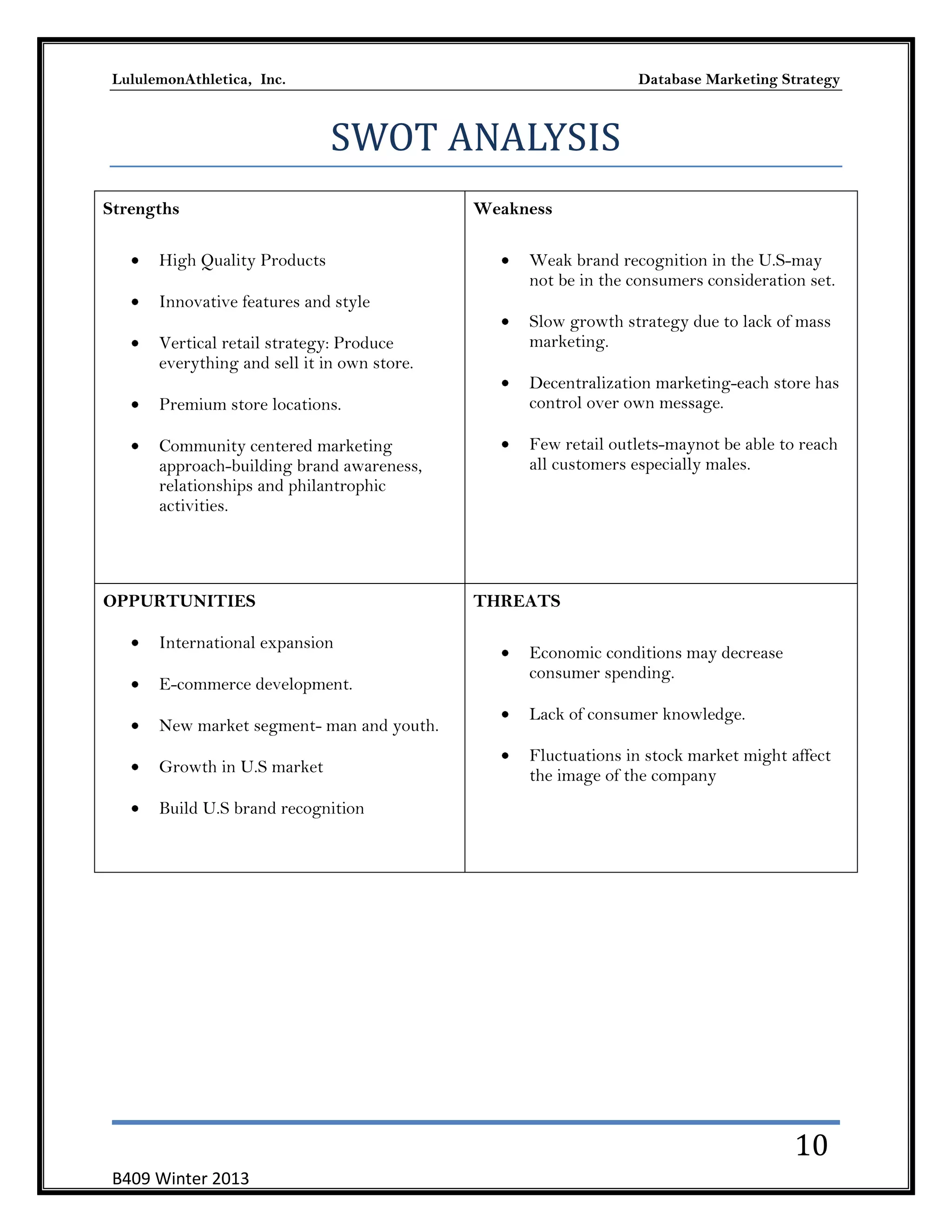 LululemonAthletica, Inc.

Database Marketing Strategy

SWOT ANALYSIS
Strengths
High Quality Products
Innovative features and style
Vertical retail strategy: Produce
everything and sell it in own store.
Premium store locations.
Community centered marketing
approach-building brand awareness,
relationships and philantrophic
activities.

OPPURTUNITIES
International expansion
E-commerce development.
New market segment- man and youth.
Growth in U.S market

Weakness
Weak brand recognition in the U.S-may
not be in the consumers consideration set.
Slow growth strategy due to lack of mass
marketing.
Decentralization marketing-each store has
control over own message.
Few retail outlets-maynot be able to reach
all customers especially males.

THREATS
Economic conditions may decrease
consumer spending.
Lack of consumer knowledge.
Fluctuations in stock market might affect
the image of the company

Build U.S brand recognition

10
B409 Winter 2013

 