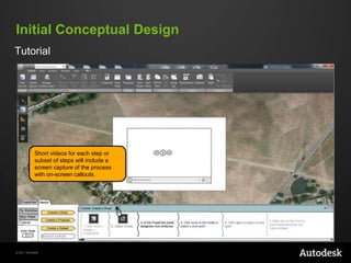 Initial Conceptual Design
Tutorial

Short videos for each step or
subset of steps will include a
screen capture of the process
with on-screen callouts.

© 2011 Autodesk

 