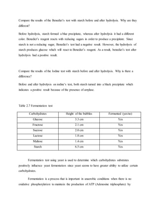Compare the results of the Benedict’s test with starch before and after hydrolysis. Why are they
different?
Before hydrolysis, starch formed a blue precipitate, whereas after hydrolysis it had a different
color. Benedict’s reagent reacts with reducing sugars in order to produce a precipitate. Since
starch is not a reducing sugar, Benedict’s test had a negative result. However, the hydrolysis of
starch produces glucose which will react to Benedict’s reagent. As a result, benedict’s test after
hydrolysis had a positive result.
Compare the results of the Iodine test with starch before and after hydrolysis. Why is there a
difference?
Before and after hydrolysis on iodine’s test, both starch turned into a black precipitate which
indicates a positive result because of the presence of amylase.
Table 2.7 Fermentation test
Carbohydrates Height of the bubbles Fermented (yes/no)
Glucose 3.3 cm Yes
Fructose 2.1 cm Yes
Sucrose 2.0 cm Yes
Lactose 1.8 cm Yes
Maltose 1.4 cm Yes
Starch 6.5 cm Yes
Fermentation test using yeast is used to determine which carbohydrates substrates
positively influence yeast fermentation since yeast seems to have greater ability to utilize certain
carbohydrates.
Fermentation is a process that is important in anaerobic conditions when there is no
oxidative phosphorylation to maintain the production of ATP (Adenosine triphosphate) by
 