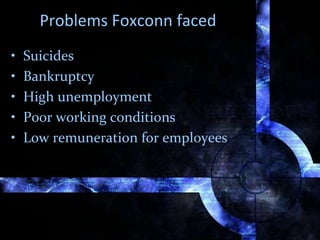 Problems Foxconn faced
• Suicides
• Bankruptcy
• High unemployment
• Poor working conditions
• Low remuneration for employees
 