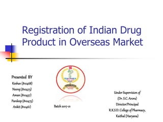 Registration of Indian Drug
Product in Overseas Market
Presented BY
Keshav(810468)
Neeraj(810473)
Aman(810457)
Pardeep(810475)
Ankit (810461)
UnderSupervision of
(Dr.S.C.Arora)
Director/Principal
R.K.S.D.College of Pharmacy,
Kaithal(Haryana)
Batch2017-21
 