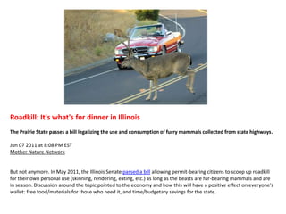 Roadkill: It's what's for dinner in IllinoisThe Prairie State passes a bill legalizing the use and consumption of furry mammals collected from state highways.Jun 07 2011 at 8:08 PM ESTMother Nature Network  But not anymore. In May 2011, the Illinois Senate passed a bill allowing permit-bearing citizens to scoop up roadkill for their own personal use (skinning, rendering, eating, etc.) as long as the beasts are fur-bearing mammals and are in season. Discussion around the topic pointed to the economy and how this will have a positive effect on everyone's wallet: free food/materials for those who need it, and time/budgetary savings for the state.