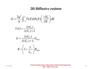 2D Diffusive resistor
5/27/2014 19
2
02
( ) ( )
fq
G T E M E dE
h E


 
  
 

( )
( )
( )
F
F
E
T E
E L




( )
( )
F
ball
F
E
G G
E L




1
F
Ball
E
L
R R

 
   
 
School of Engineering, Department of Electrical Engineering
Shiv Nadar University
 