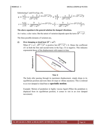 MODULE - 1 OSCILLATIONS & WAVES
Dr. DIVAKARA S, PROF. & HEAD, DEPT. OF PHYSICS, VVCE, MYSURU Page 14
Substituting C and D in Equ. (4),
[
√ ;
] (; :√ ; )
[
√ ;
] (; ;√ ; )
[(
√
) (; :√ ; )
(
√
) (; ;√ ; )
] ( )
The above equation is the general solution for damped vibrations.
As t varies, x also varies. But the nature of variation depends upon the term √ .
The three possible domains of variation are,
(i) Over damping or dead beat ( )
When √ is positive but √ . Hence the coefficient
of t in both the first and second terms in the Equ. (7) is negative. This indicates
exponential decay of the displacement with respect to time.
The body after passing through its maximum displacement, simply drops to its
equilibrium position and rests there (It stops to vibrate anymore). This is referred
to as over damped or dead beat or aperiodic motion.
Example: Motion of pendulum in highly viscous liquid (When the pendulum is
displaced from its equilibrium position, it comes to rest in an over damped
movement).
Time →
Displacement→
 
