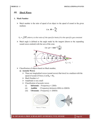 MODULE - 1 OSCILLATIONS & WAVES
Dr. DIVAKARA S, PROF. & HEAD, DEPT. OF PHYSICS, VVCE, MYSURU Page 30
III. Shock Waves
1. Mach Number
 Mach number is the ratio of speed of an object to the speed of sound in the given
medium.
√
 Mach angle is defined as the angle made by the tangent (drawn to the expanding
sound waves emitted) with the axis of the cone.
;
( )
 Classification of objects based on Mach number,
a) Acoustic Waves
 These are longitudinal waves (sound waves) that travel in a medium with the
speed of sound (333m/s).
 Mach Number is 1
 Amplitude is very small
 Classification of acoustic waves
(i) Infrasonic :
(ii) Audible :
(iii) Ultrasonic :
𝑉𝑂 𝑉𝑆
 