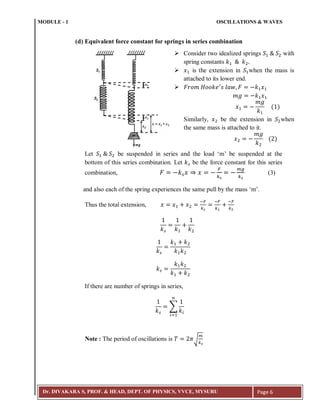 MODULE - 1 OSCILLATIONS & WAVES
Dr. DIVAKARA S, PROF. & HEAD, DEPT. OF PHYSICS, VVCE, MYSURU Page 6
(d) Equivalent force constant for springs in series combination
Let be suspended in series and the load ‘m’ be suspended at the
bottom of this series combination. Let be the force constant for this series
combination, (3)
and also each of the spring experiences the same pull by the mass ‘m’.
Thus the total extension,
; ; ;
If there are number of springs in series,
∑
<
Note : The period of oscillations is √
𝑚𝑔 𝑘 𝑥
𝑥
𝑚𝑔
𝑘
( )
𝑥
𝑚𝑔
𝑘
( )
 Consider two idealized springs 𝑆 𝑆 with
spring constants 𝑘 𝑘
 𝑥 is the extension in 𝑆 when the mass is
attached to its lower end.
 𝐹𝑟𝑜𝑚 𝐻𝑜𝑜𝑘𝑒 𝑠 𝑙𝑎𝑤 𝐹 𝑘 𝑥
Similarly, 𝑥 be the extension in 𝑆 when
the same mass is attached to it.
 