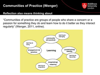 Communities of Practice (Wenger)
Reflection also means thinking about
your experience with other people
“Communities of practice are groups of people who share a concern or a
passion for something they do and learn how to do it better as they interact
regularly” (Wenger, 2011, online).
 