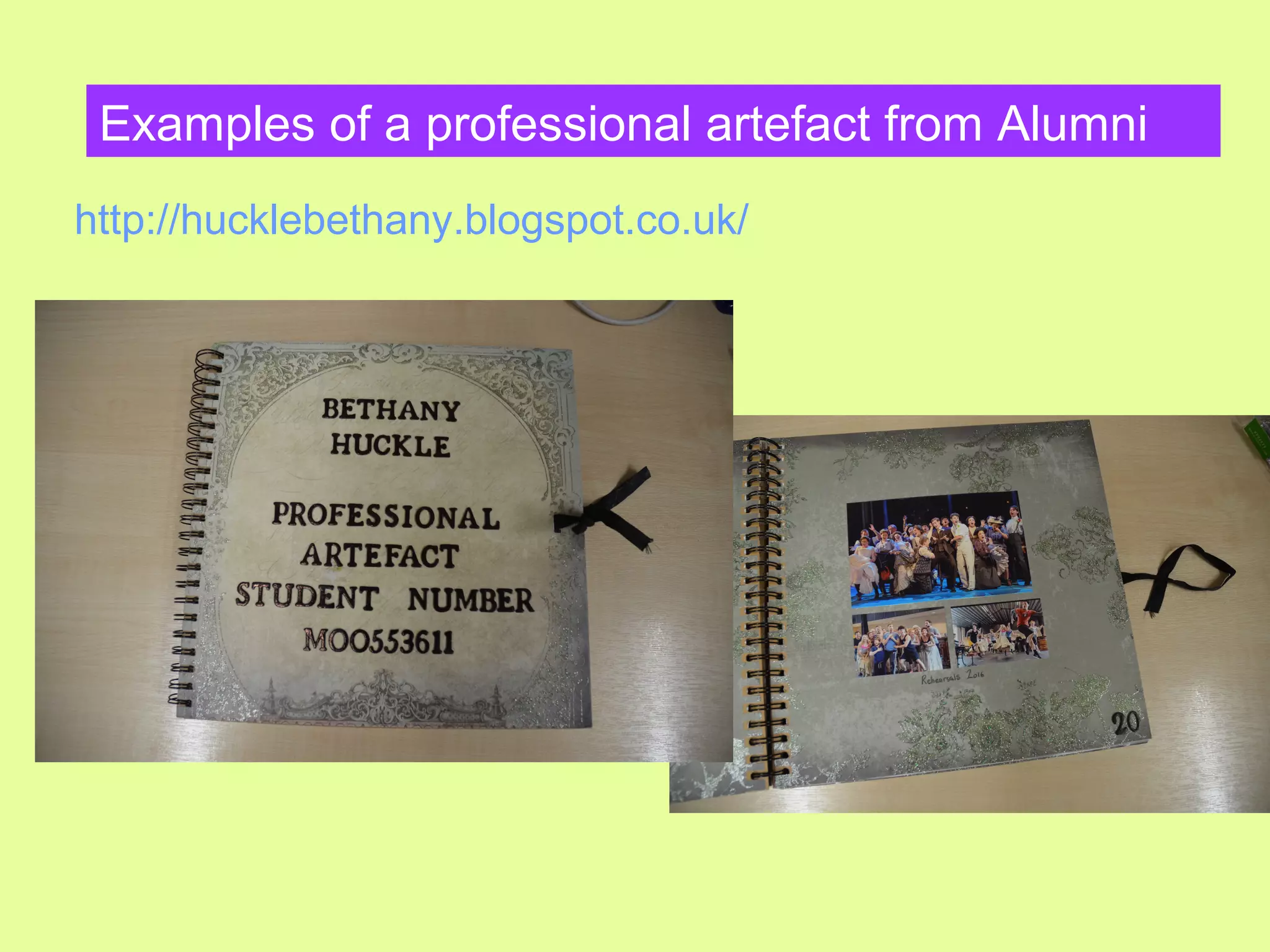 Examples of a professional artefact from Alumni
http://hucklebethany.blogspot.co.uk/
 