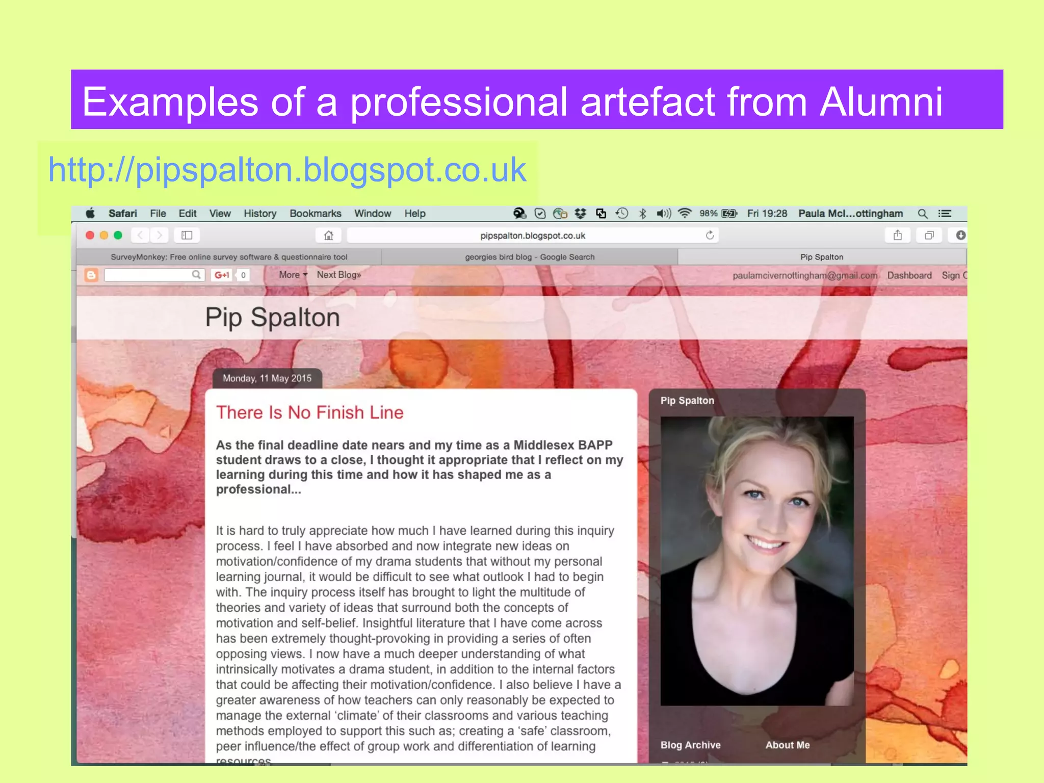 Examples of a professional artefact from Alumni
http://pipspalton.blogspot.co.uk
 