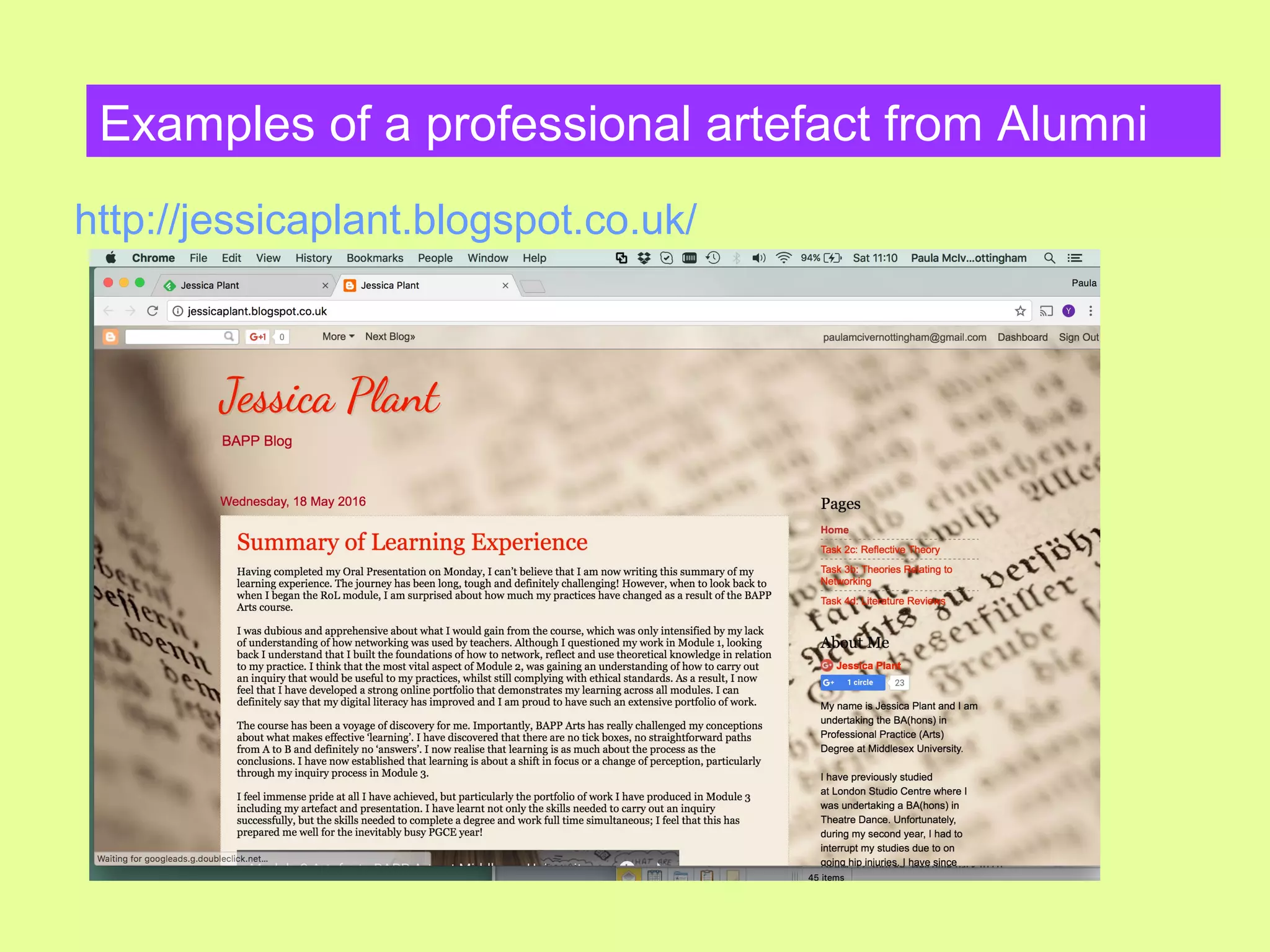 Examples of a professional artefact from Alumni
http://jessicaplant.blogspot.co.uk/
 