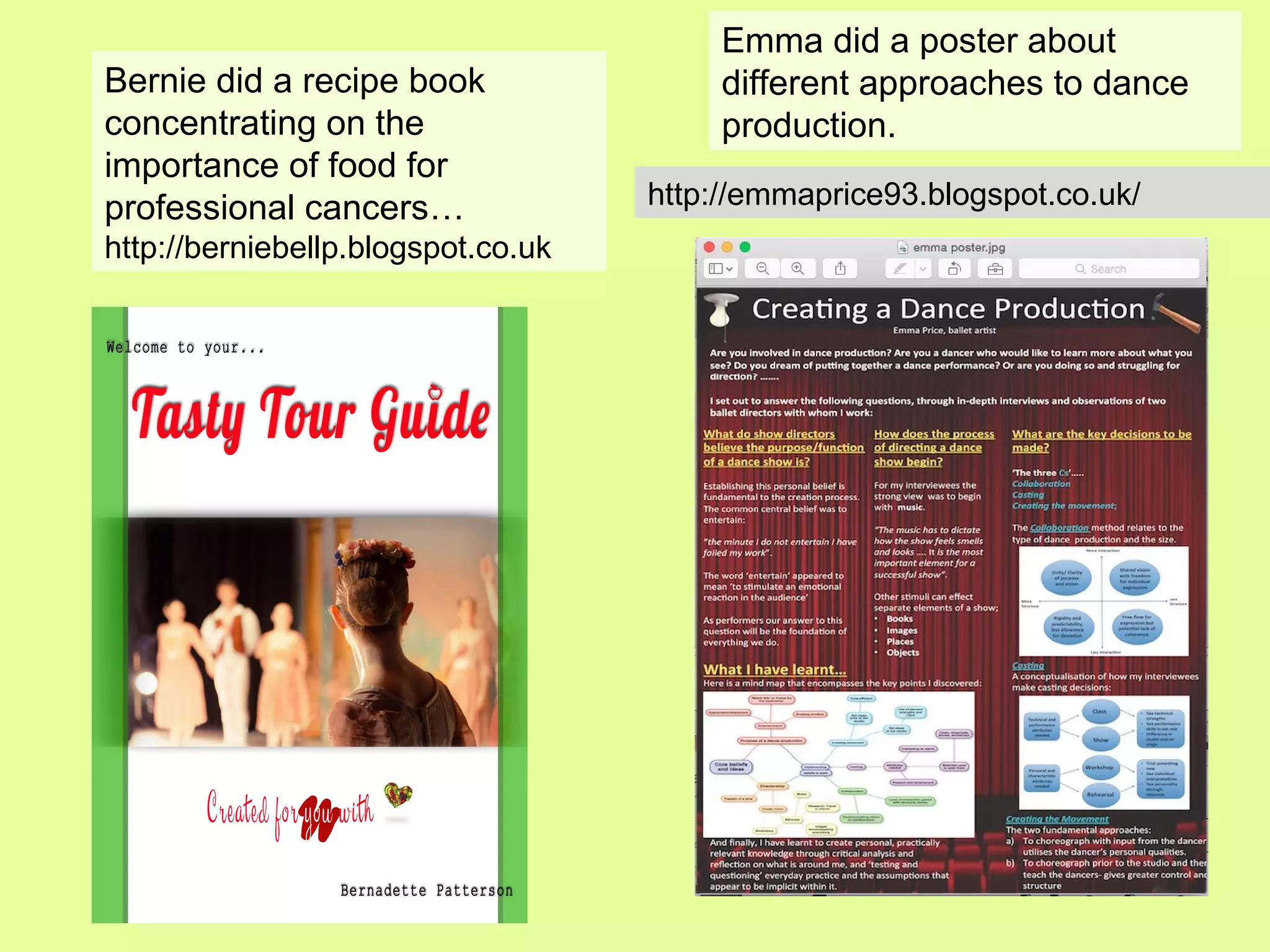 Bernie did a recipe book
concentrating on the
importance of food for
professional cancers…
http://berniebellp.blogspot.co.uk
Emma did a poster about
different approaches to dance
production.
http://emmaprice93.blogspot.co.uk/
 