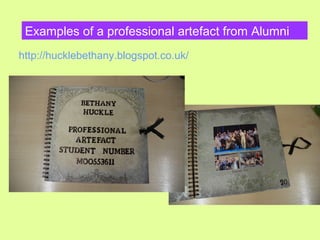 Examples of a professional artefact from Alumni
http://hucklebethany.blogspot.co.uk/
 