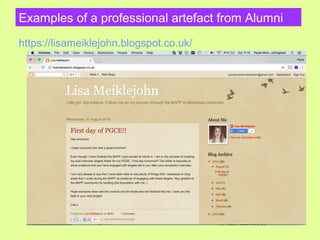 Examples of a professional artefact from Alumni
https://lisameiklejohn.blogspot.co.uk/
 