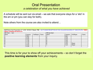 A schedule will be sent out via email – we ask that everyone stays for a ‘slot’ in
the am or pm (you can stay for both).
Note others from the course are also invited to attend…
Oral Presentation
a celebration of what you have achieved
This time is for your to show off your achievements – so don’t forget the
positive learning elements from your inquiry.
 