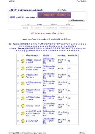 พ32101:                                                                                                Page 1 of 22



           ึ        ึ
พ32101สุข ศกษาและพลศกษา3                                                     < ไปยัง...



 HOME     พ32101     แบบทดสอบ
                                                                                                แก ้ ไข แบบทดสอบ

                    ข ้ อมูล             ผลสอบ               ดูตัวอย่าง               แก ้ ไข

                 ภาพรวม         ให ้ คะแนนใหม่   ให ้ คะแนนด ้ วยตนเอง      การวิเคราะห์ข ้ อสอบ


                               320 นั กเรียน ทําแบบทดสอบนีแล ้ ว 320 ครัง


                กลุ่มแบบแยกกันอย่างชัด เจน( ศึกษาข ้ ามกลุ่มไม่ได ้ สมาชิกทังหมด
                                                                 ):

ชือ : ทงหมด A B C D E F G H I J K L M N O P Q R S T U V W X Y Z ก ข ค ฆ ง จ ฉ ช ซ ฌ
       ั
            ญฎฏฐฑฒณดตถทธนบปผฝพฟภมยรลวศษสหฬอฮ
 นามสกุล : ทงหมด A B C D E F G H I J K L M N O P Q R S T U V W X Y Z ก ข ค ฆ ง จ ฉ
            ั
         ชซฌญฎฏฐฑฒณดตถทธนบปผฝพฟภมยรลวศษสหฬอฮ

                     ชือ / นามสกุล               เริมเมือ                 เวลาทีใช้       คะแนน /20
                                                 30September
                     m50201 ณั ฐกานต์                                     8 นาที 18
                                                 2011, 12:44                              10
                     น่ วมภัก ดี                                          วิ นาที
                                                 PM
                                                 30September
                     m50202 ณั ฐกานต์
                                                 2011, 04:45              9 นาที          12
                     สอนชม 21816
                                                 PM
                                                 30September
                              ิ
                     m50203ดุสตา                                          6 นาที 59
                                                 2011, 03:16                              10
                     โยธาสอน                                              วิ นาที
                                                 PM
                                                 30September
                     m50204นิตยา บุญ                                      12 นาที 45
                                                 2011, 10:00                              14
                     โพธิ                                                 วิ นาที
                                                 PM
                                                 30September
                     m50205นิศารัตน์                                      10 นาที 46
                                                 2011, 12:35                              14
                     จันทะโน                                              วิ นาที
                                                 PM
                                                 30September
                     m50206ปานฉั ตร                                       11 นาที 14
                                                 2011, 12:20                              12
                     จันทวงษ์                                             วิ นาที
                                                 PM
                                                 25September
                                                                          14 นาที 17
                     พรพรรณ วงษ์ วาศ             2011, 01:00                              17
                                                                          วิ นาที
                                                 PM
                     m.5c02n10 น .ส. มิ 30September
                                                                          12 นาที 38
                     นทร์รตา จิรพัชรสิร ิ 2011, 01:06                                     9
                                                                          วิ นาที
                     กุล 22168            PM
                                                 30September
                                                                          27 นาที 8
                     24357 24357                 2011, 07:01                              18
                                                                          วิ นาที
                                                 PM




http://petakhli.com/moodle/mod/quiz/report.php                                                            4/10/2554
 