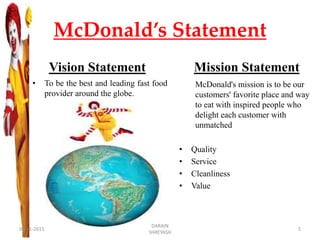 McDonald’s Statement
Vision Statement
• To be the best and leading fast food
provider around the globe.
Mission Statement
McDonald's mission is to be our
customers' favorite place and way
to eat with inspired people who
delight each customer with
unmatched
• Quality
• Service
• Cleanliness
• Value
09-11-2015
DARAIN
SHREYASH
5
 