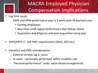 MACRA Employed Physician
Compensation Implications
 Lag time issues
– MIPS and APM performance year is 2 years prior to payment year
• Existing employees
• New hires (with legacy performance that follows them)
• Acquisition due diligence and post-acquisition comp plan
 MIPS/APM +/- and FMV requirements (Stark, AKS etc.)
 Valuation and FMV considerations
– External surveys lag 1+ years
– In-exact – personally performed, wRVU modifiers etc.
– “Personal performance” under value-based arrangements
19
 