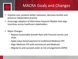 MACRA Goals and Changes
 Improve care, produce better outcomes, decrease burden and
preserve independent practice
 Encourage adoption of Alternative Payment Models that align
incentives across healthcare stakeholders
 Major Changes:
– Replace Sustainable Growth Rate with financial carrots and
sticks
– Apply value-based payment to traditional Medicare FFS
– Align Medicare FFS with commercial and Medicaid
– Migrate to and succeed under at-risk arrangements (APM)
21
 