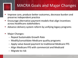 MACRA Goals and Major Changes
 Improve care, produce better outcomes, decrease burden and
preserve independent practice
 Encourage alternative payment models that align incentives
across healthcare stakeholders
 Advance delivery system reform by unifying legacy programs
 Major Changes:
– Repeal Sustainable Growth Rate
– Modify/consolidate Medicare quality programs
– Apply value-based payment to traditional Medicare FFS
– Align Medicare FFS with commercial and Medicaid
– Migrate to risk
5
 