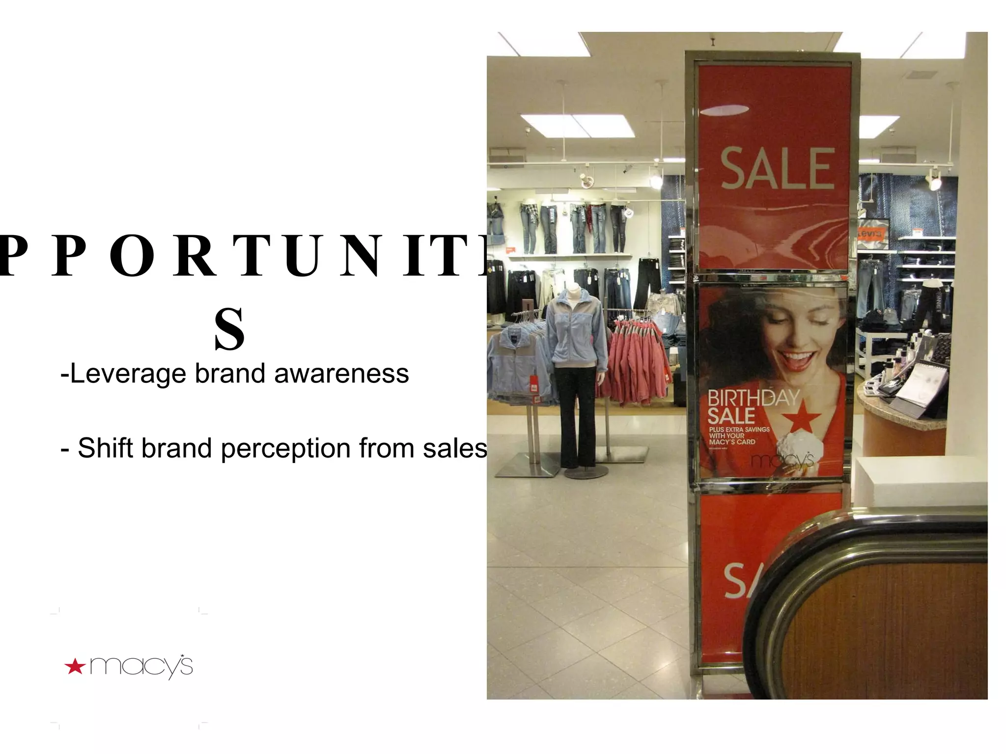   -Leverage brand awareness - Shift brand perception from sales OPPORTUNITIES 