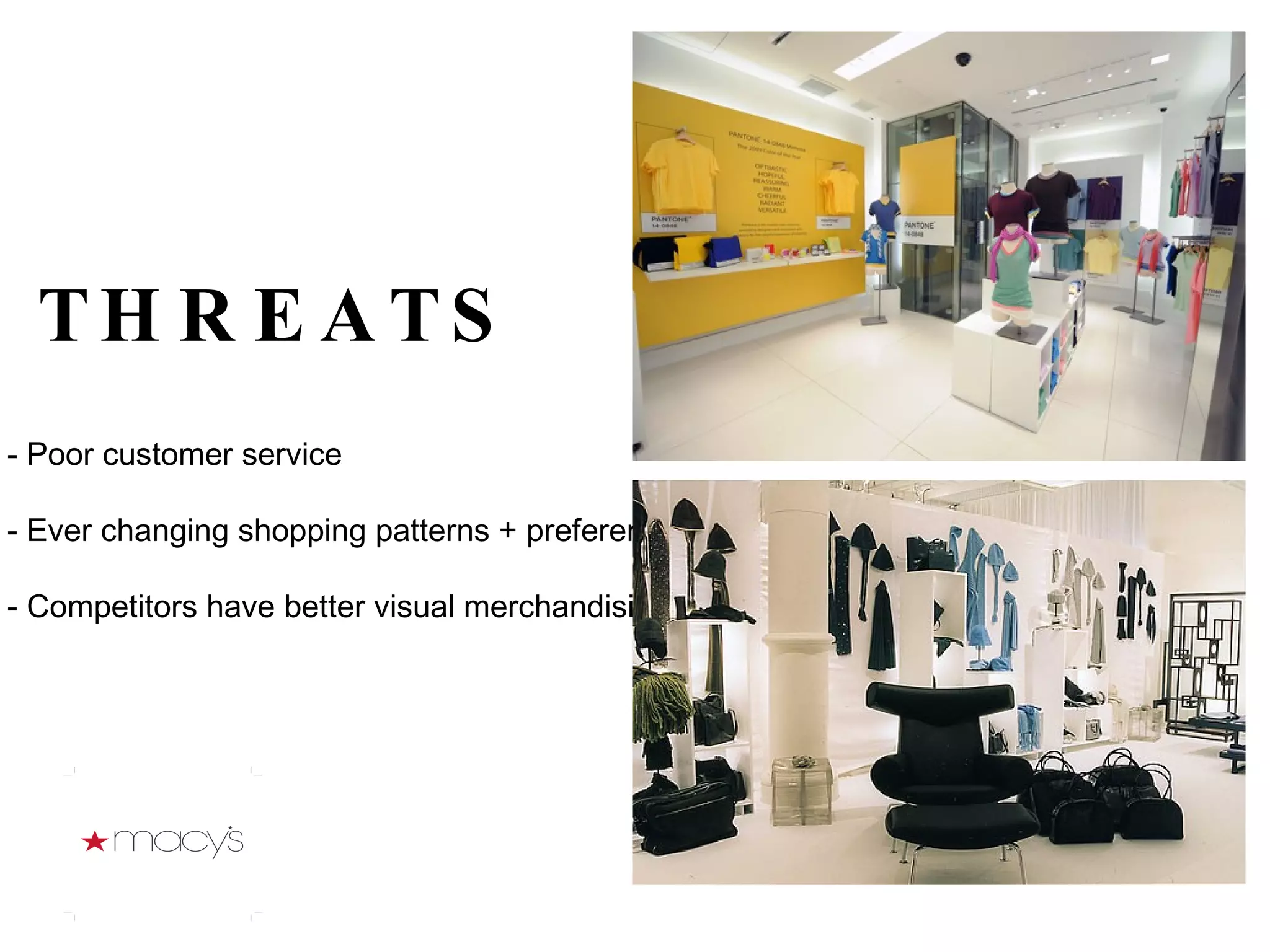 THREATS Poor customer service Ever changing shopping patterns + preferences  Competitors have better visual merchandising 