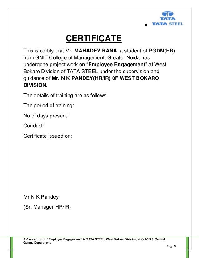 project work certificate format
