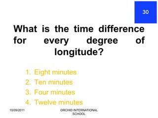 What is the time difference
  for   every    degree    of
          longitude?

             1.   Eight minutes
             2.   Ten minutes
             3.   Four minutes
             4.   Twelve minutes
10/09/2011               ORCHID INTERNATIONAL
                               SCHOOL
 