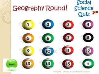 Social
  Geography Round!                   Science
                                      Quiz




Back                                             16


             10/09/2011   ORCHID INTERNATIONAL SCHOOL
 