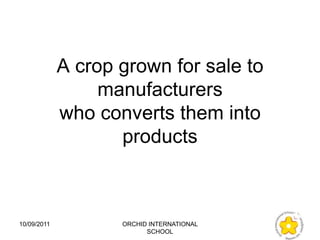 A crop grown for sale to
                  manufacturers
             who converts them into
                    products



10/09/2011          ORCHID INTERNATIONAL
                          SCHOOL
 