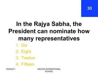 In the Rajya Sabha, the
  President can nominate how
     many representatives
             1.   Six
             2.   Eight
             3.   Twelve
             4.   Fifteen
10/09/2011                  ORCHID INTERNATIONAL
                                  SCHOOL
 