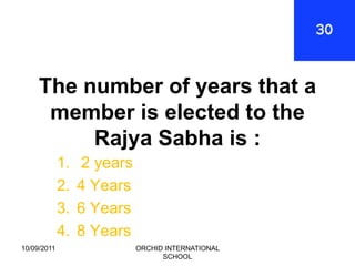 The number of years that a
      member is elected to the
          Rajya Sabha is :
             1.   2 years
             2.   4 Years
             3.   6 Years
             4.   8 Years
10/09/2011                  ORCHID INTERNATIONAL
                                  SCHOOL
 