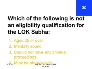 Which of the following is not
 an eligibility qualification for
 the LOK Sabha:
    1. Aged 25 or over
    2. Mentally sound
    3. Should not have any criminal
          proceedings
10/09/2011Must be physically fit
    4.              ORCHID INTERNATIONAL
                        SCHOOL
 
