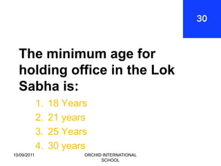 The minimum age for
  holding office in the Lok
  Sabha is:
             1.   18 Years
             2.   21 years
             3.   25 Years
             4.   30 years
10/09/2011               ORCHID INTERNATIONAL
                               SCHOOL
 