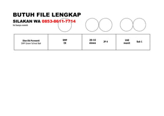 BUTUH FILE LENGKAP
SILAKAN WA 0853-8611-7714
Ini hanya contoh
Dian Eki Purwanti
SMP Green School Bali
SMP
IX
20-32
JP 4
siswa
160
Sub 1
menit
 