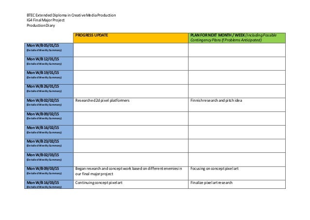 final major project production diary template project diary template