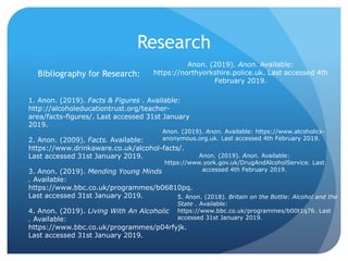 Research
Bibliography for Research:
1. Anon. (2019). Facts & Figures . Available:
http://alcoholeducationtrust.org/teacher-
area/facts-figures/. Last accessed 31st January
2019.
2. Anon. (2009). Facts. Available:
https://www.drinkaware.co.uk/alcohol-facts/.
Last accessed 31st January 2019.
3. Anon. (2019). Mending Young Minds
. Available:
https://www.bbc.co.uk/programmes/b06810pq.
Last accessed 31st January 2019.
4. Anon. (2019). Living With An Alcoholic
. Available:
https://www.bbc.co.uk/programmes/p04rfyjk.
Last accessed 31st January 2019.
5. Anon. (2018). Britain on the Bottle: Alcohol and the
State . Available:
https://www.bbc.co.uk/programmes/b00t1q76. Last
accessed 31st January 2019.
Anon. (2019). Anon. Available:
https://northyorkshire.police.uk. Last accessed 4th
February 2019.
Anon. (2019). Anon. Available: https://www.alcoholics-
anonymous.org.uk. Last accessed 4th February 2019.
Anon. (2019). Anon. Available:
https://www.york.gov.uk/DrugAndAlcoholService. Last
accessed 4th February 2019.
 