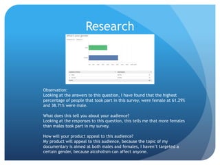 Research
Observation:
Looking at the answers to this question, I have found that the highest
percentage of people that took part in this survey, were female at 61.29%
and 38.71% were male.
What does this tell you about your audience?
Looking at the responses to this question, this tells me that more females
than males took part in my survey.
How will your product appeal to this audience?
My product will appeal to this audience, because the topic of my
documentary is aimed at both males and females, I haven’t targeted a
certain gender, because alcoholism can affect anyone.
 