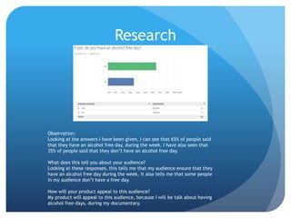 Research
Observation:
Looking at the answers I have been given, I can see that 65% of people said
that they have an alcohol free day, during the week. I have also seen that
35% of people said that they don’t have an alcohol free day.
What does this tell you about your audience?
Looking at these responses, this tells me that my audience ensure that they
have an alcohol free day during the week, it also tells me that some people
in my audience don’t have a free day.
How will your product appeal to this audience?
My product will appeal to this audience, because I will be talk about having
alcohol free days, during my documentary.
 