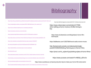 +
• https://www.bfi.org.uk/sites/bfi.org.uk/files/downloads/bfi-statistical-yearbook-audiences-2016-2017-09-27.pdf
• https://cmpalexgilbey.weebly.com/uploads/3/8/8/7/38878453/horror_film_research.pdf
• https://movio.co/blog/unmasking-horror-moviegoing-audiences/
• https://civicscience.com/horror-movie-fan-facts/
• https://saraeveninga2media.wordpress.com/2012/10/09/audience-research/
• https://www.amazon.com/Horror-Films-Preferences-Reactions-Communication/dp/0805811745
• https://www.slideshare.net/scarlettchristou/secondary-research-42644087
• http://www.participations.org/Volume%209/Issue%202/4%20Redfern.pdf
• https://stephenfollows.com/social-class-of-cinema-audiences/
• http://www.bbfc.co.uk/
• https://jessicasessionsblog1.wordpress.com/2017/05/17/target-audience-the-horror-channel/
• https://psmag.com/social-justice/psychology-horror-movie-fan-halloween-scary-cinema-93375
• http://iconicpictures.weebly.com/conventions-of-horror.html
• https://louisabroadheadmediablog.wordpress.com/2011/12/13/codes-and-conventions-of-horror-films/
Bibliography
http://www.definitionmagazine.com/journal/2015/3/11/it-follows-shoot-story.html
https://www.videomaker.com/article/c3/17056-
when-editing-a-horror-movie-or-thriller-timing-is-
key
https://www.shutterstock.com/blog/classic-horror-film-
techniques
https://itstillworks.com/12557564/how-to-edit-a-horror-movie
http://lexieemariie.wixsite.com/alexissolis/single-
post/2016/08/25/Editing-Techniques-in-Horror-Films
https://prezi.com/o_wylsnd1gvq/editing-styles-of-horror-films/
https://www.youtube.com/watch?v=M0Qd_dZVuVs
https://www.scaretissue.com/post-production-tips-to-make-your-horror-film-extra-eerie/
 