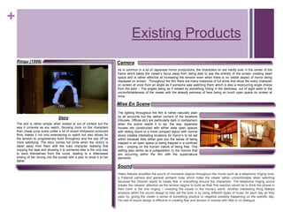 +
Existing Products
Ringu (1998) Camera
Sound
Story
As is common in a lot of Japanese horror productions, the characters on are hardly ever in the center of the
frame which takes the viewer’s focus away from being able to see the entirety of the screen creating dead
space and is rather effective at increasing the tension even when there is no visible aspect of horror being
displayed on screen. Throughout the film there are many instances of full shots that show the every character
on screen at once from an angle as if someone was watching them which is also a reoccurring angle choice
from the start – The angles being as if viewed by something hiding in the darkness, out of sight adds to the
uncomfortableness of the viewer with the already eeriness of here being so much open space on screen at
once.
Mise En Scene
The lighting throughout the film is rather naturally plain
by all accounts but the darker corners of the locations
(Houses, Offices etc) are particularly dark in comparison
when the scene needs it to be- the way Japanese
houses are constructed with either wide open spaces
with sliding doors or a more compact layout with normal
doors creates interesting locations for horror’s to be set
within because they either give you the sense of being
trapped in an open space or being trapped in a confined
one – praying on the human nature of being free. This
setting also works as a juxtaposition to the horrors that
are occurring within the film with the supernatural
elements.
Hideo Nakata amplifies the sound of mundane objects throughout the movie such as a telephone ringing tone,
a Polaroid camera and general ambient nose which make the viewer rather uncomfortable when watching
because the Director wants to create fear in everything around the characters. The telephone ringing sound
breaks the viewers’ attention as the tension begins to build as their first reaction would be to think the phone in
their room is the one ringing – investing the viewer in the movie’s world. Another interesting thing Nakata
employs within the sound design to help set the tone is by using different types of music for each day as they
pass by, giving the viewer a sense of something positive or negative possibly happening on the specific day.
His use of sound design is effective in creating fear and tension in scenes with little or no dialogue.
The plot is rather simple when looked at out of context but the
way it unravels as you watch, focusing more on the characters
than cheap jump scare unlike a lot of recent Hollywood produced
films makes it not only entertaining to watch but also allows for
the tension to progressively build throughout and the pay off be
more satisfying. The story comes full circle when the victory is
taken away from them with the main character realising that
copying the tape and showing it to someone else is the only way
to save themselves from the curse, leading to a bittersweet
ending of her driving into the sunset with a plan to show it to her
father
 