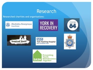 Research
Researched charities and organisations:
 