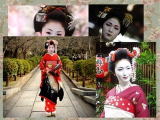 ●   In modern times, the traditional makeup of a
    beginner geisha is one of their most recognizable
    characteristics, though established geisha generally
    only wear full white face makeup.

●   The traditional makeup of an apprentice geisha
    features a thick white base with red lipstick & black
    accents around the eyes and eyebrows.
 