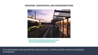 If we fund projects that provide basic infrastructure, it will be possible to achieve sustainable
development.
INDUSTRY, INNOVATION, AND INFRASTRUCTURE
https://www.bamb2020.eu/topics/circular-built-
environement/agenda2030-bamb/goal-9/
 
