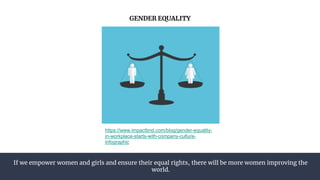 If we empower women and girls and ensure their equal rights, there will be more women improving the
world.
GENDER EQUALITY
https://www.impactbnd.com/blog/gender-equality-
in-workplace-starts-with-company-culture-
infographic
 