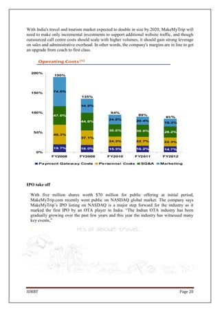 IDRBT Page 20
With India's travel and tourism market expected to double in size by 2020, MakeMyTrip will
need to make only incremental investments to support additional website traffic, and though
outsourced call centre costs should scale with higher volumes, it should gain strong leverage
on sales and administrative overhead. In other words, the company's margins are in line to get
an upgrade from coach to first class.
IPO take off
With five million shares worth $70 million for public offering at initial period,
MakeMyTrip.com recently went public on NASDAQ global market. The company says
MakeMyTrip’s IPO listing on NASDAQ is a major step forward for the industry as it
marked the first IPO by an OTA player in India. ―The Indian OTA industry has been
gradually growing over the past few years and this year the industry has witnessed many
key events,‖
 