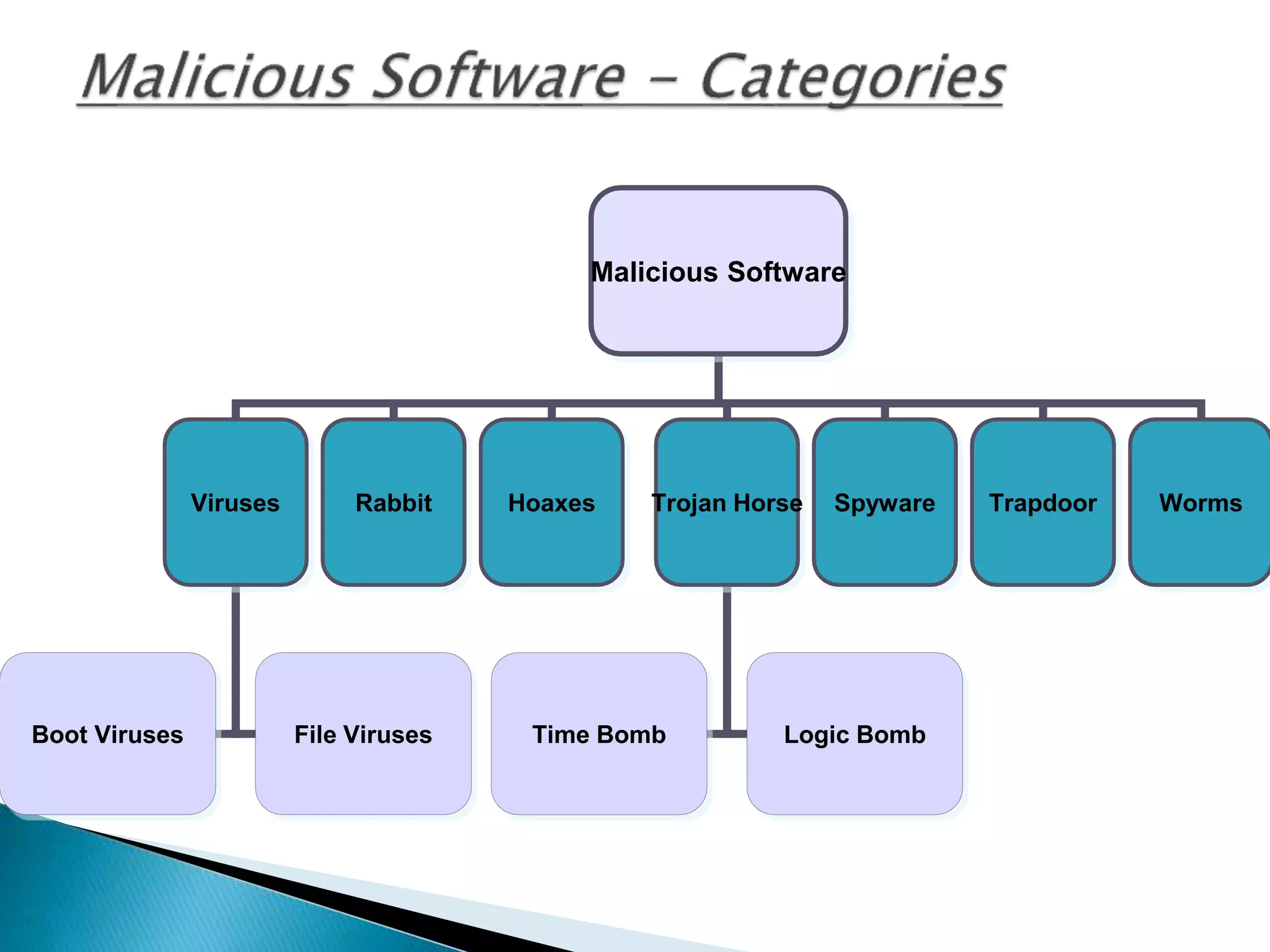 Malicious Software
Viruses Trapdoor WormsSpywareTrojan HorseHoaxesRabbit
Time Bomb Logic BombBoot Viruses File Viruses
 