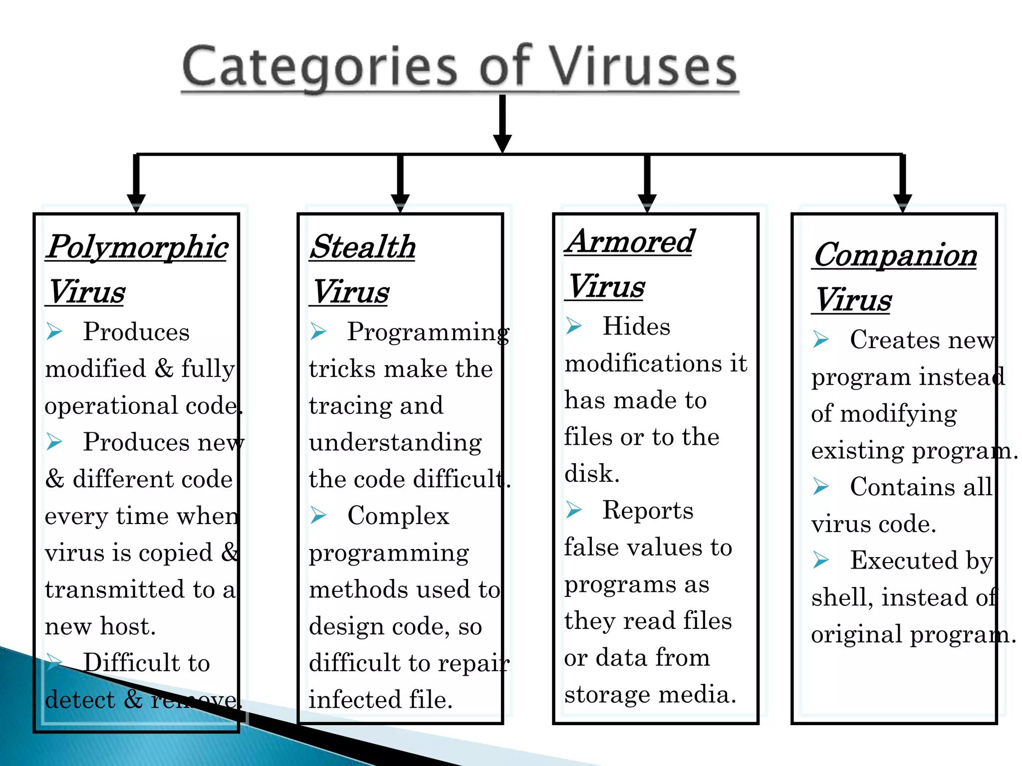 Polymorphic
Virus
 Produces
modified & fully
operational code.
 Produces new
& different code
every time when
virus is copied &
transmitted to a
new host.
 Difficult to
detect & remove.
Stealth
Virus
 Programming
tricks make the
tracing and
understanding
the code difficult.
 Complex
programming
methods used to
design code, so
difficult to repair
infected file.
Armored
Virus
 Hides
modifications it
has made to
files or to the
disk.
 Reports
false values to
programs as
they read files
or data from
storage media.
Companion
Virus
 Creates new
program instead
of modifying
existing program.
 Contains all
virus code.
 Executed by
shell, instead of
original program.
 