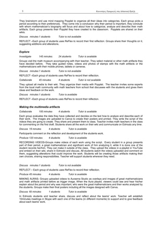 5 Καινοτόμες Εφαρμογές στη Διδακτική Πράξη
They brainstorm and use mind mapping Popplet to organize all their ideas into categories. Each group picks a
period according to their preferences. They come into a conclusion why their period is important, they conclude
with whom mathematician’s biography will focus and about how to categorize, analyze and describe their math
artifacts. Each group presents their Popplet they have created to the classroom. Popplets are shared on their
wikis.
Discuss minutes 1 students Tutor is not available
REFLECT –Each group of students uses ReFlex to record their first reflection. Groups share their thoughts on it,
suggesting additions and alterations.
Explore
Investigate 145 minutes 24 students Tutor is available
Groups visit the math museum accompanying with their teacher. They select material or other math artifacts they
have decided before. They take guided notes, videos and photos of stamps with the math artifacts or the
mathematicians with their mobile phones, tablets or cameras.
Discuss minutes 1 students Tutor is not available
REFLECT –Each group of students uses ReFlex to record their reflection.
Collaborate 45 minutes 4 students Tutor is not available
They upload all media to their wiki. They organize their media with Popplet. The teacher invites some experts
from the local math community with math teachers from school that discusses with the students and gives them
ideas and feedback on the work.
Discuss minutes 1 students Tutor is available
REFLECT –Each group of students uses ReFlex to record their reflection.
Making the multimedia artifacts
Collaborate 100 minutes 4 students Tutor is available
Each group evaluates the data they have collected and decides on the text how to analyze and describe each of
their work. The images are uploaded to Canva to create their posters and printed. They write the script of the
videos they are going to create. They share and present them to class. Teacher invites math teachers in the class
for commenting on the first draft. Students share all the work on their wiki and communicate on Edmodo any time.
Discuss 18 minutes 4 students Tutor is available
Participants comment on the reflection and development of the students work.
Produce 120 minutes 4 students Tutor is available
RECORDING VIDEOS-Groups make videos of each work using the script. Every student in a group presents
part of their period, a great mathematician and significant work of him analyzing it, while it is done one of the
student records her/him. They can make it outside of the class. They upload the videos in a playlist in YouTube
and embed on their wiki, share in Edmodo and discuss. All students watch the videos uploaded and comment on
them, suggesting alterations that could improve the work. Students will be creating those artifacts making their
own choices, sharing responsibilities. Teacher will support students wherever they need.
Discuss minutes 1 students Tutor is not available
REFLECT – Each group of students uses ReFlex to record their reflection.
Produce 45 minutes 4 students Tutor is available
MAKING AURAS- Groups uploaded videos to Aurasma Studio as overlays and images of great mathematicians
and math artifacts printed before as trigger image. When the Aura played, viewers could see and hear his/her
explain about the period and why was important, who were the great mathematicians and their works analyzed by
the students. Groups make their final posters including all the images designed with Canva.
Discuss 60 minutes 1 students Tutor is available
In Edmodo students and teacher share, discuss and reflect about the teams' work. Teacher will establish
10minutes meetings in Skype with each one of the teams (in different moments) to support and to give feedback
about each teams' work.
 