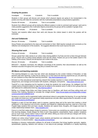 6 Καινοτόμες Εφαρμογές στη Διδακτική Πράξη
Creating the posters
Investigate 15 minutes 4 students Tutor is available
Students in their groups will discuss and choose which physical objects are going to be incorporated in the
posters and they will make the connection with the multimedia presentations using Aurasma application.
Practice 60 minutes 24 students Tutor is not available
Students from different groups will be testing the different posters in order to comment each groups´ work and to
make possible suggestions (the multimedia objects produced by the groups will be available in google drive)
Discuss 20 minutes 24 students Tutor is available
Teacher and students reflect about their work and discuss the criteria based in which the posters will be
evaluated.
Ask and Collaborate
Discuss 45 minutes 5 students Tutor is available
Group Posters are presented to the class and commented on them. Math teacher evaluate and comments on the
reflection and development of the students. He suggests alterations that could improve the work.
Showing their work
Produce 42 minutes 24 students Tutor is available
Groups upload their video stories to an online video sharing platform YouTube and link to them through Edmodo
group. Anyone who is visiting school website could see the videos. Posters are put on the bulletin board in the
hallway of the school. Parents and all teachers are invited to the show.
Discuss 45 minutes 24 students Tutor is available
REFLECT – Students comments, the reflection recordings of the students, their documentation as well as the
feedback recorded throughout the Learning Story to assess their work.
Β6 Means and teaching materials
The Learning Designer is a very nice tool, which was developed by the London Institute of Education, to help
teachers plan their teaching. It does this by asking you to think about the learning experiences you are planning
for your students so they meet their learning outcomes. http://learningdesigner.org/
Edmodo is a free educational social learning network that enables teachers to share content, distribute quizzes,
assignments, and manage communication with students, colleagues, and parents. https://www.edmodo.com/
TeamUP is a very interesting tool for teachers to divide the students into small groups. An intelligent tool that
creates teams of students based on tags that can be added to the students name in order to form groups that are
well balanced for collaborative learning. http://teamup.aalto.fi/
ReFlex is a Vintage Photo Editor and Video Camera App on AppStore, with Quick and Easy editing tools and
Industry Film Coloring Standard to simulate the vintage photos. https://itunes.apple.com/us/app/reflex-vintage-
camera-photo/id612498996?mt=8
Aurasma is a tool to use for augmented reality instructional videos to personalize the learning. It’s an app that lets
you create and share your own augmented reality experiences and also offers opportunities for education as well.
http://www.aurasma.com/#/explore
Popplet is a web 2.0 tool that allows users to express, organize ideas and at the same time creating a virtual
whiteboard. In the classroom and at home, students use Popplet for collaborative learning. Used as a mind-map,
Popplet helps students think and learn visually. Students can capture facts, thoughts, and images and learn to
create relationships between them. https://popplet.com/
Canva is a tool that makes design simple for everyone. Canva gives you everything you need to easily turn ideas
into stunning designs. Create designs for Web or print: blog graphics, presentations, flyers, posters, invitations
and so much more. Canva makes it easy to work with others, letting you share and edit your designs with family,
friends and coworkers. https://www.canva.com/
Padlet is an online virtual “bulletin” board, where students and teachers can collaborate, reflect, and share links
and pictures, in a secure location. https://el.padlet.com/auth/login
GeoGebra is dynamic mathematics software for all levels of education that brings together geometry, algebra,
spreadsheets, graphing, statistics and calculus in one easy-to-use package. GeoGebra is a rapidly expanding
 